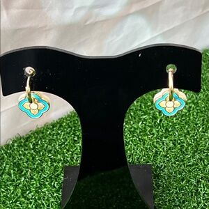 Gold Hoop Earrings with Turquoise Flower Charm - Women Jewelry
